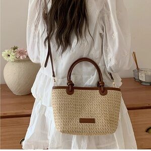 Women’s stylish beige brown handwoven Straw Fabric Tote crossbody shoulder Bag